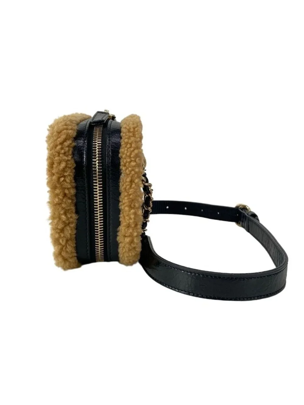 Chanel Waist Pouch CC Mania Black Light Brown Gold CC Logo Shearling